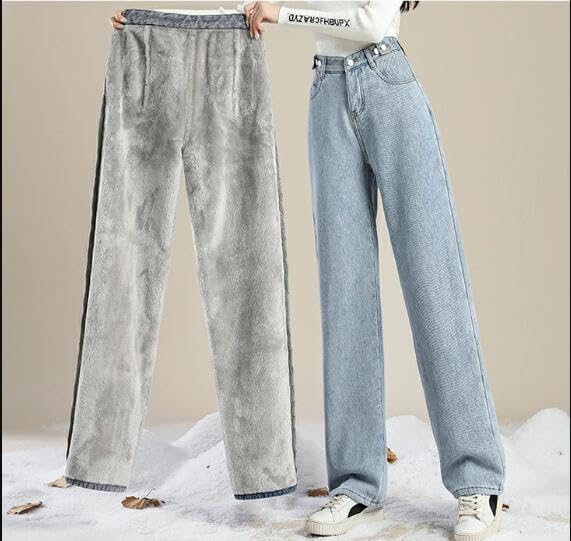 Bobo Hanhan Denim Pants with Fleece Adjustable and Perfect for Fall and Winter & Women's Wide-Leg Lining, Waist, High-Waisted Pants, Leg-Shaping,