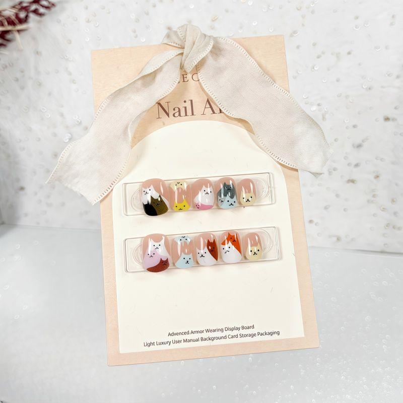 

Short Wear Nail Stickers Fresh Cartoon Cat Graffiti Childlike Cute Summer Young Adult Student Fake Nails Funny cartoon-short XS + S + M