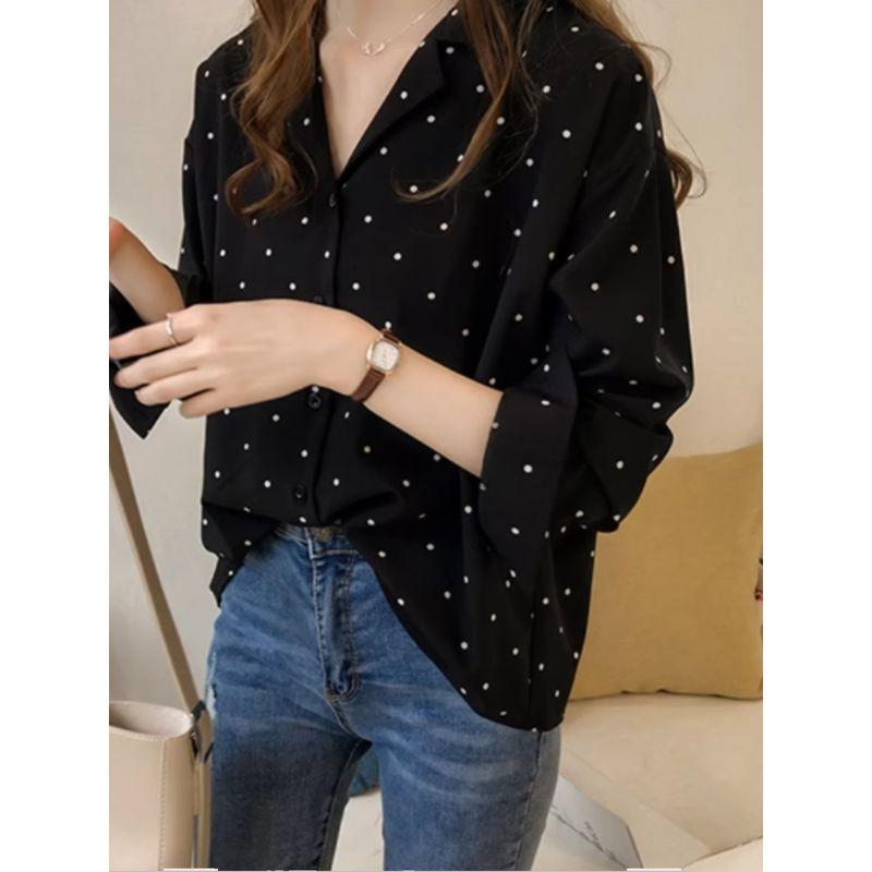 K-style Spring & Fall Hong Kong Fashion Suit Collar Polka Dot Dots Print Single Breasted Long Sleeve Shirt Top Solid Color Shirt