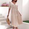 2025 European & American Summer Women's V-neck Solid Color Waist-cinching Dress