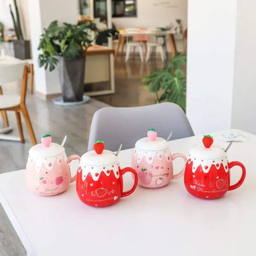 450ML Capacity Strawberry Mug Pink Color Ceramic Mug Cute Design Porcelain Mug Student Use