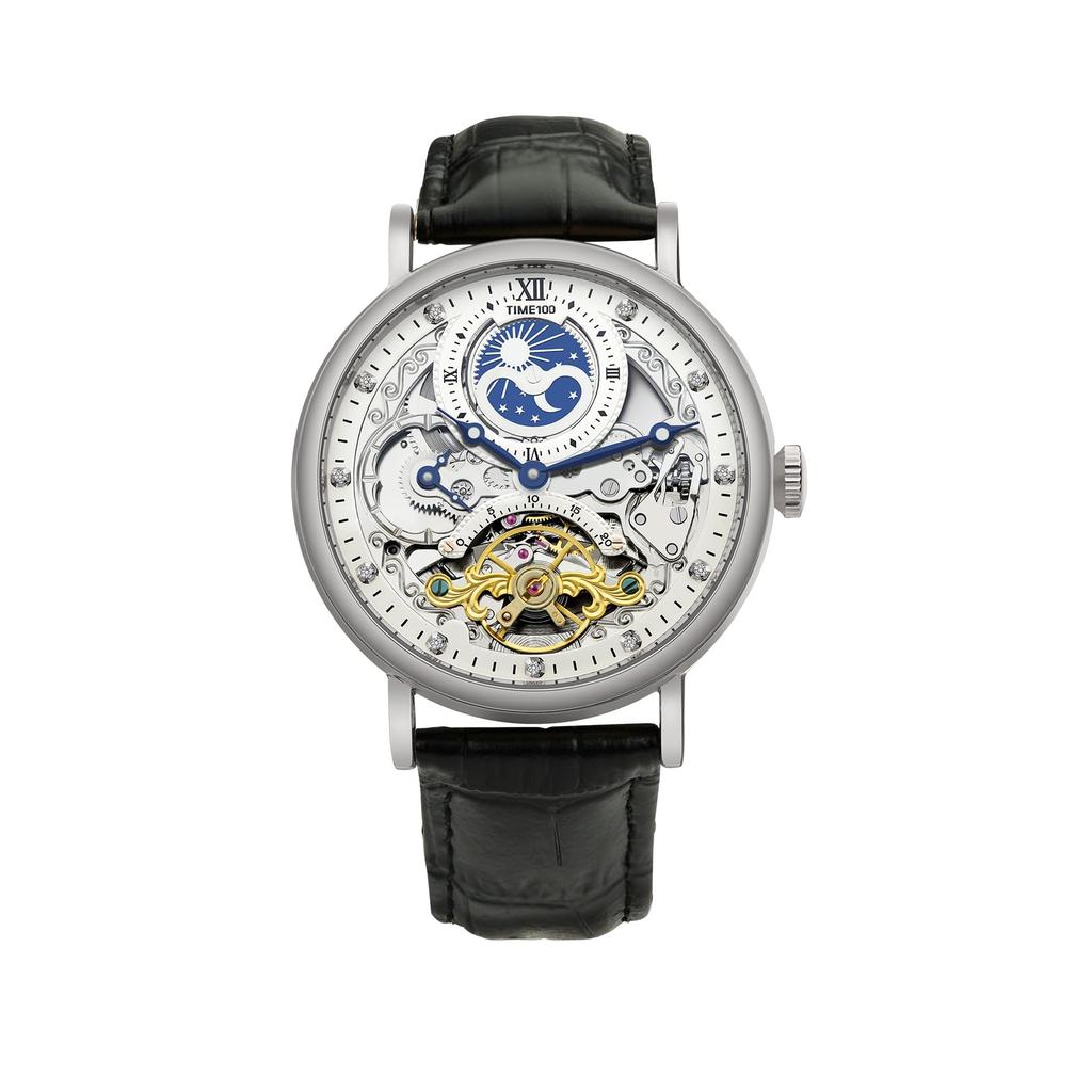 TIME100 Luxury Men's Automatic Skeleton Watch with Stainless Steel and Genuine Leather Band, 50M Water Resistance (Silver)