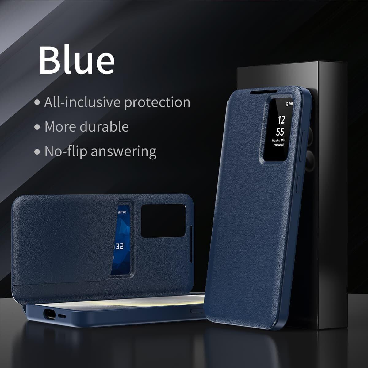 

Шкіряний чохол-книжка для Samsung Galaxy S26 S25 S24 S23 S22/ Ultra/ Plus/ EDGE/ + З розумним дисплеєм LED View Вікно та Кишенька для карток Захисні бампери Чохол Galaxy S25 Ultra синій