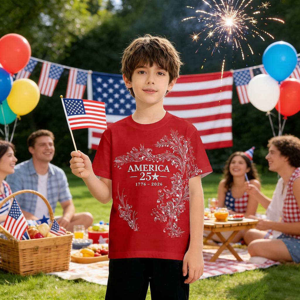 Kids Independence Day Print Round Neck Short Sleeve Casual T-shirt