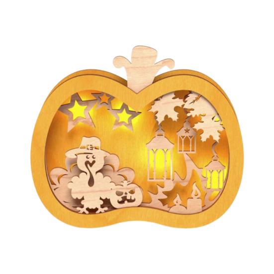 Yousheng Halloween Wooden Lighted Pumpkin for Tabletop, Spooky Pumpkin Lantern Shadow Box for Halloween Party, Dinning, Coffee Table Decoration