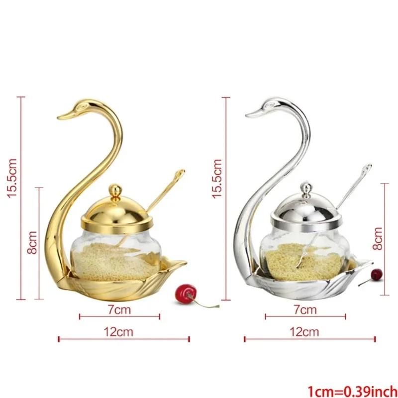 Alloy Condiment Pot Seasoning Container Spice Glass Jar Salt Sugar Bowl Pepper Coffee Storage Organizer Swan Rack Set