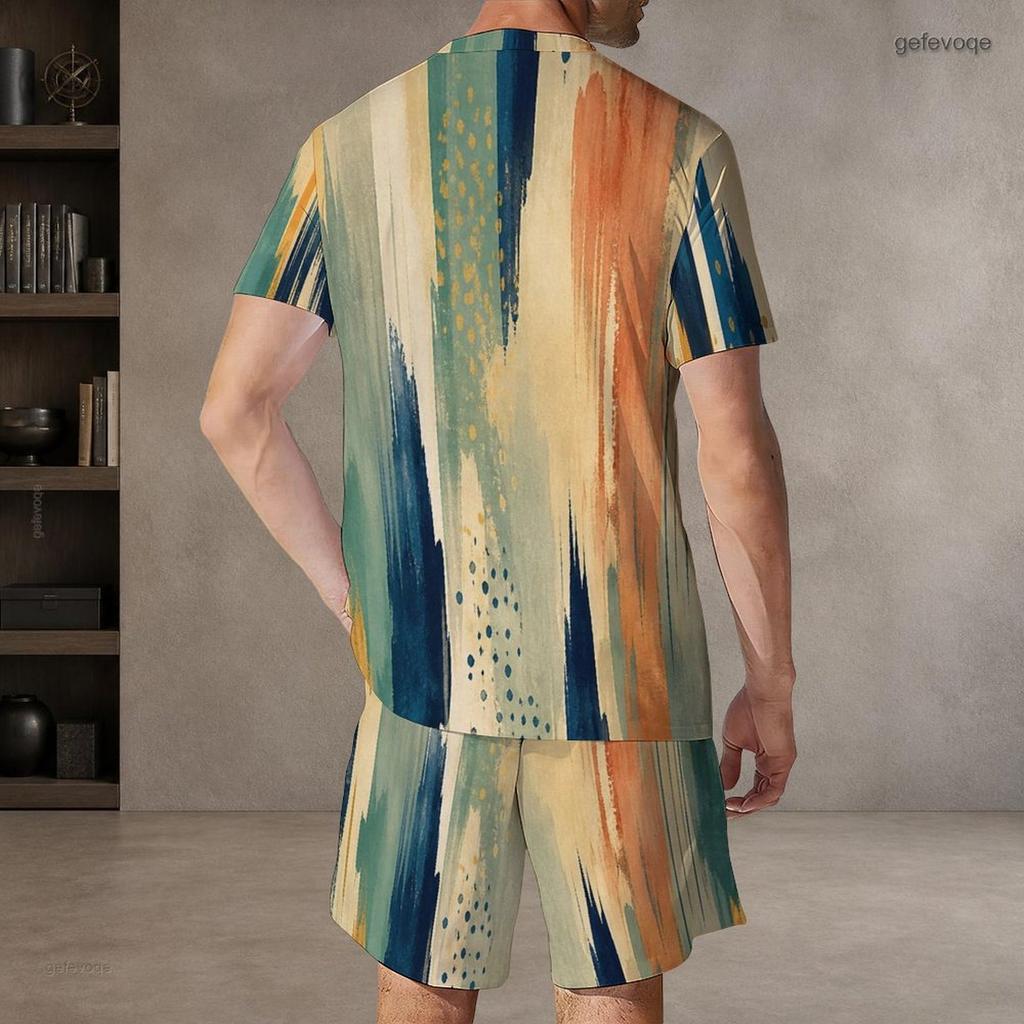 Men Plus Size Dark Blue Printed Round Neck Short Sleeve Top And Shorts Two Piece Set