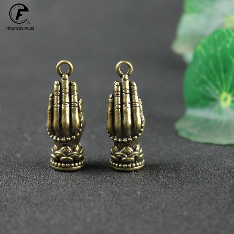 Handmade Brass Buddhism Praying Buddha Hand With Lotus Base DIY Copper Zen Bracelet Beads Desk Decor Mini Hand Pray Figurines