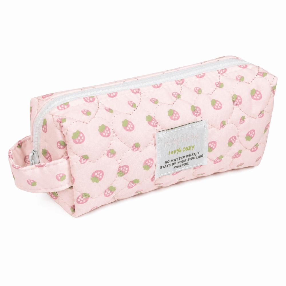 Durable Cream Strawberry Print Pencil Case Large Capacity Handheld Pen Bag Quilted Zipper Stationery Organizer Gift