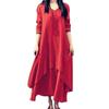 Buttons Decor False Two Pieces Baggy Dress Large Hem V-Neck Solid Color Long Sleeve Retro Dress Streetwear
