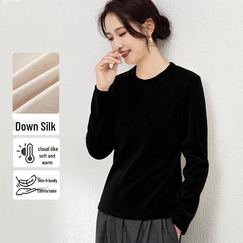 

Women s 440g Fleece-Lined Round Neck Long Sleeve Winter T-shirt - Warm, Loose, Versatile Base Layer XL