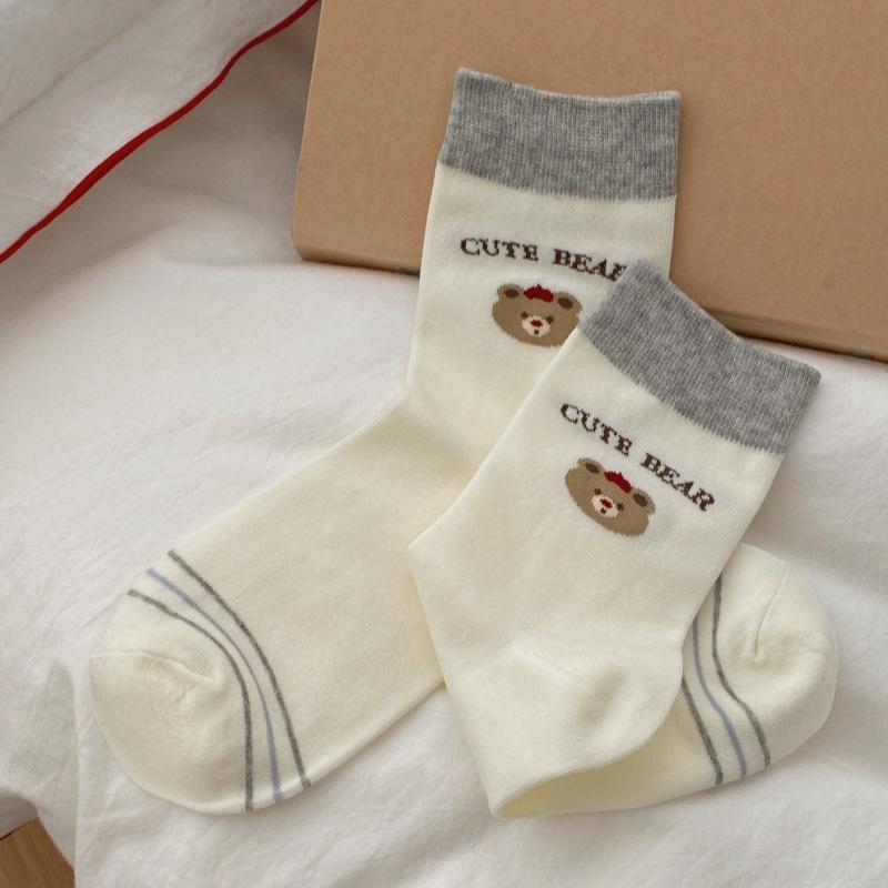 

Женские весенне-осенние носки-трубы из чистого хлопка с мультяшным медведем, милые, в полоску, в горошек, в школьном стиле 1 pair