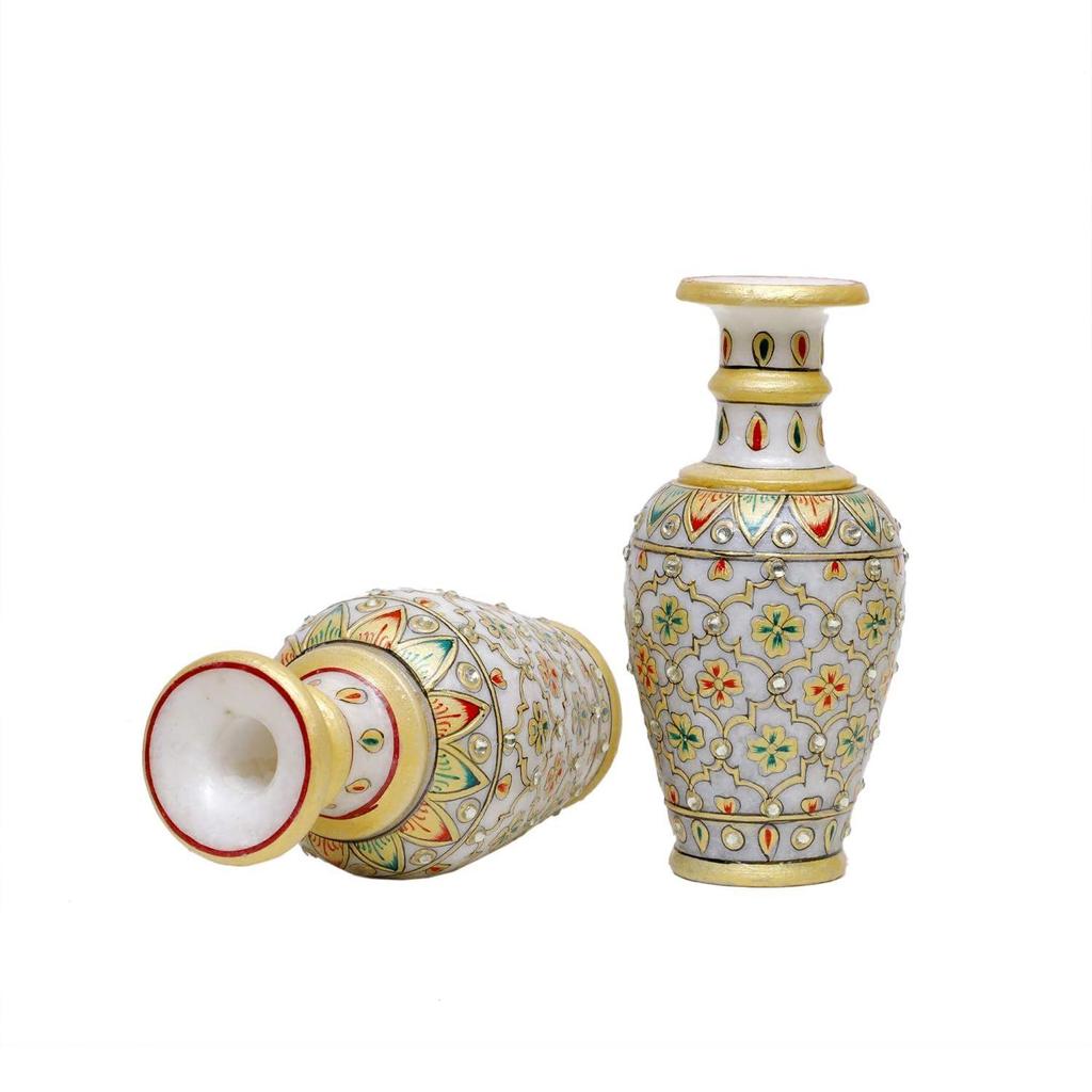 Designová dekorativní mramorová váza na květiny | Kulatý tvar Jaal Meenakari Ručně malovaná práce Dekorativní vázy pro domácí dekoraci