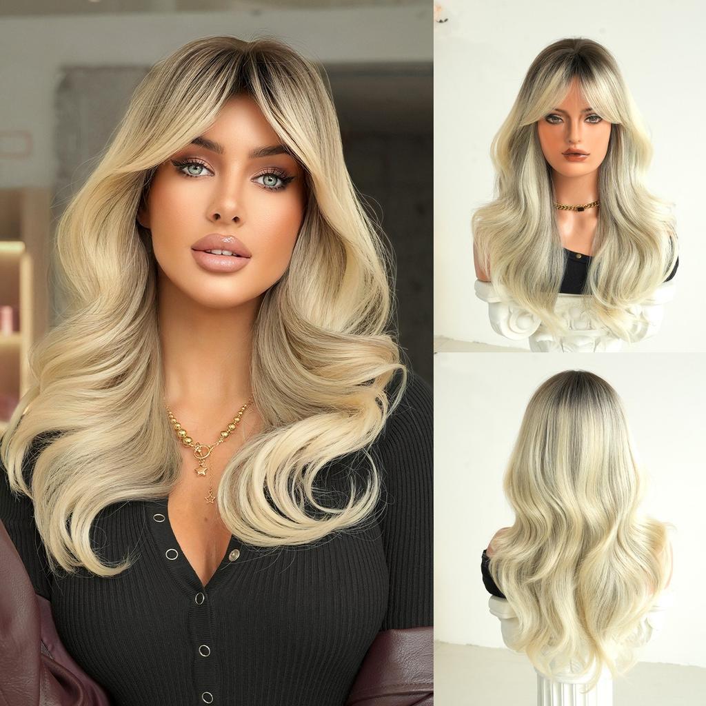 European Style Gradient Gray Medium Long Curly Wig 20 Inch Curtain Bangs Fluffy Heat Resistant Synthetic Wig for Women Daily