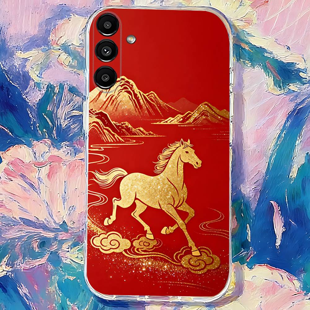 Chinese-Style Red Horse Phone Case For Samsung S24,S25,S30,S23,S21,S22,S20,S10,5G,FE,lite,PIus,Ultra Clear Transparent Cover