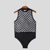 INCERUN Men Mockneck Sleeveless Polka Dots Mesh Bodysuits See Through Fitted Briefs Jumpsuits