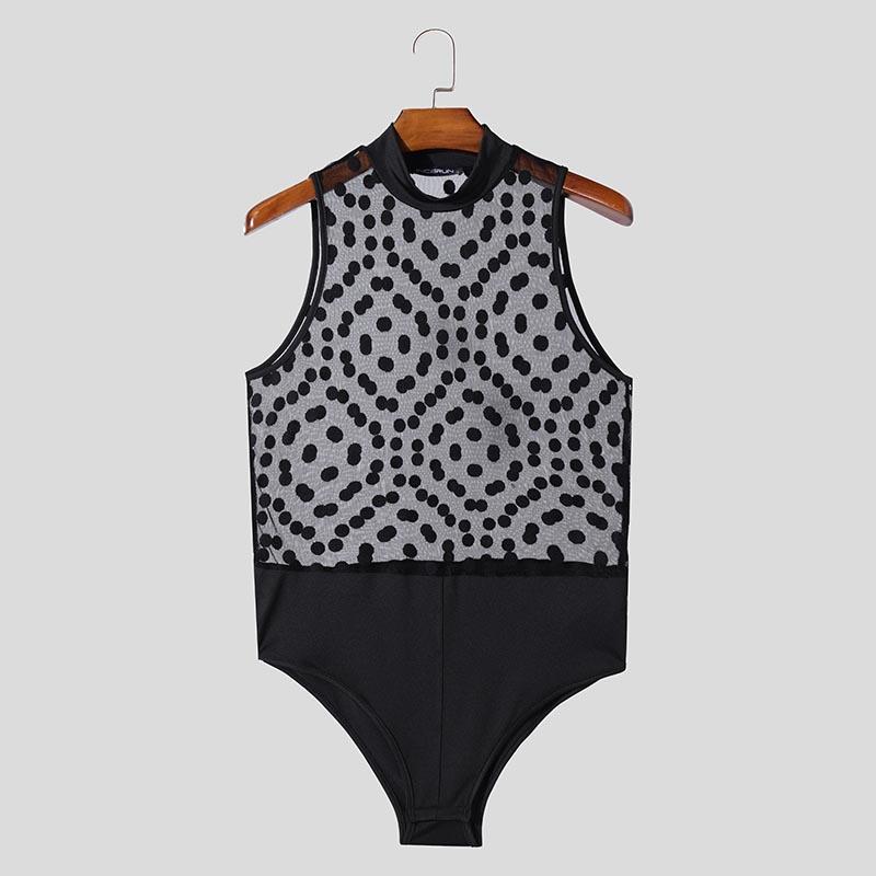 INCERUN Men Mockneck Sleeveless Polka Dots Mesh Bodysuits See Through Fitted Briefs Jumpsuits