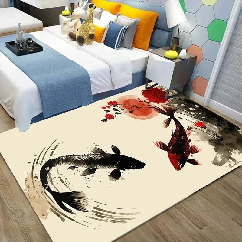 Chinese Koi Carp Ink Painting Good Luck Rug Pink Cherry Blossoms Carpet For Living Room Bedroom Home Decor Door Mat