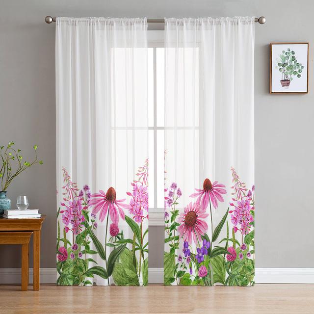Green Plant Red Hibiscus Chiffon Tulle Curtains For Living Room Kitchen Bedroom 3d Print Sheer Voile Curtain Window Treatment