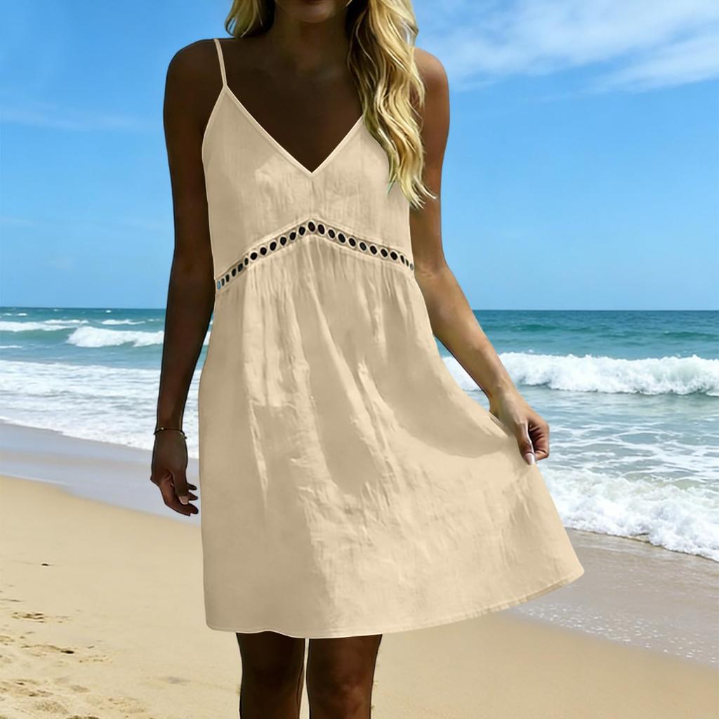 Women's Casual Spaghetti Strap V Neck Hollow Out Dress Summer Lightweight Loose Fit Sleeveless Mini Dress for Outdoor Daily Wear