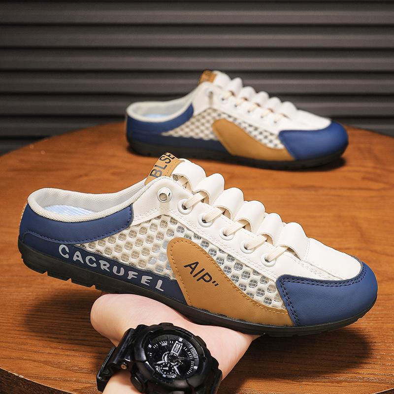 Men's Shoes Summer Breathable Mesh Casual Slippers Deodorant Mesh Shoes Lazy One Pedal Soft Sole Half Drag Men's Board Shoes Trendy Shoes