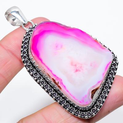 Natural Agate Geode Slice Gemstone 925 Sterling Silver Pendant 2.96" K8S37
