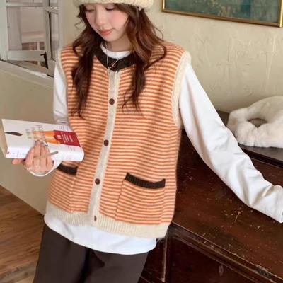 Women's Color Block Stripe Knit Vest Cardigan: Versatile Sleeveless Retro Tank Sweater