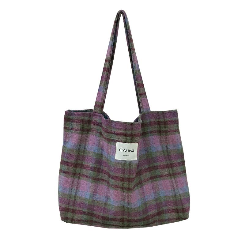 Autumn Ctrast Color Plaid Woolen Shoulder Bags for Women Retro Large Capacity Ladies Tote Bag Casual Travel Female Handbags