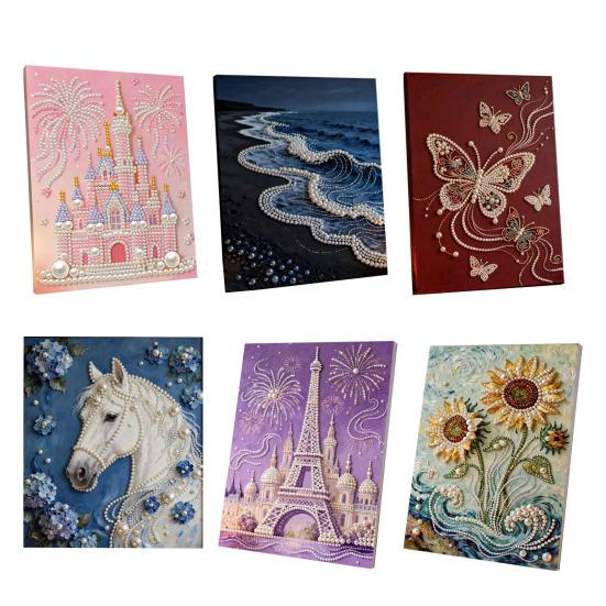 DIY 5D Faux Pearl Painting Kit Castle Butterfly Ocean Sunflower Plastic Pearl Art Kit for Adults Beginner Gemstone Art Craft for Gift Home Wall Decor