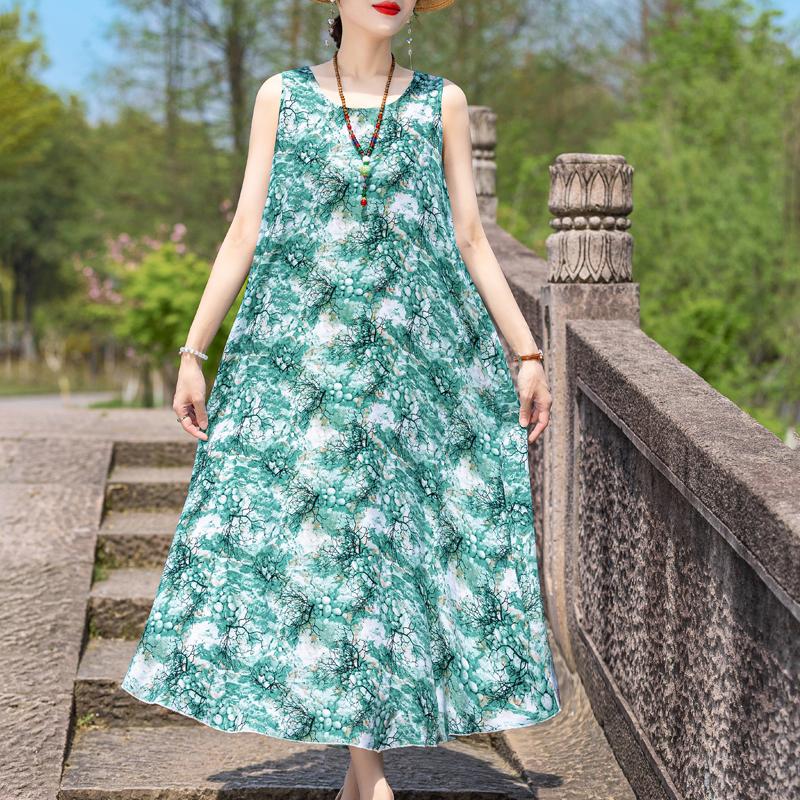Elegant Sleeveless Dress Summer Fashion Casual Loose Vintage Print Long Dresses for Women Summer Clothes