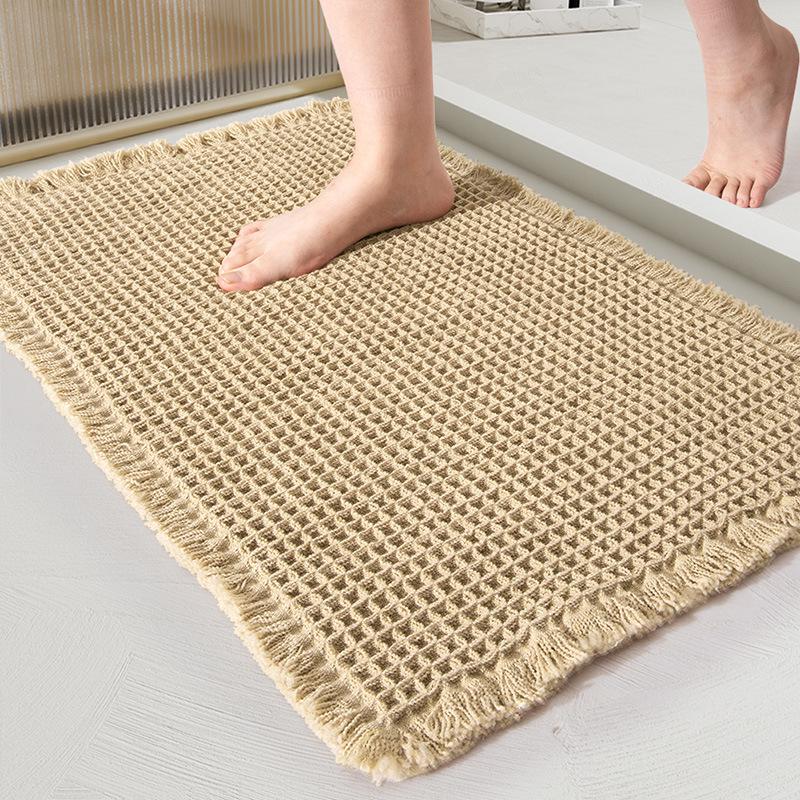 

Japanese Waffle Tassel Bath Mat: Non-slip, Hot Melt Adhesive, Absorbent Door Mat Foot Pad 43x61 cm