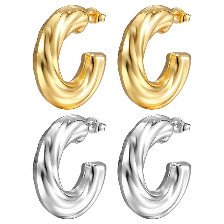 French Retro Simple 18K Gold Hemp Pattern Hollow Titanium Steel Earrings, Trendy Exaggerated Women's Big C Thick Earrings