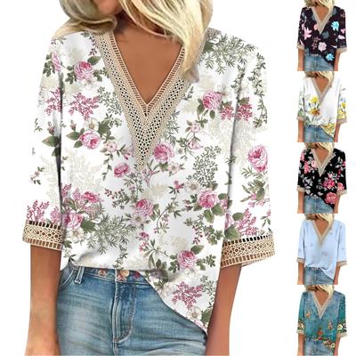 Women's Shirt Blouse Casual Loose Shirts 3/4 Sleeve Lace Trims Print V Neck Tops Print Tops T-shirts Tee