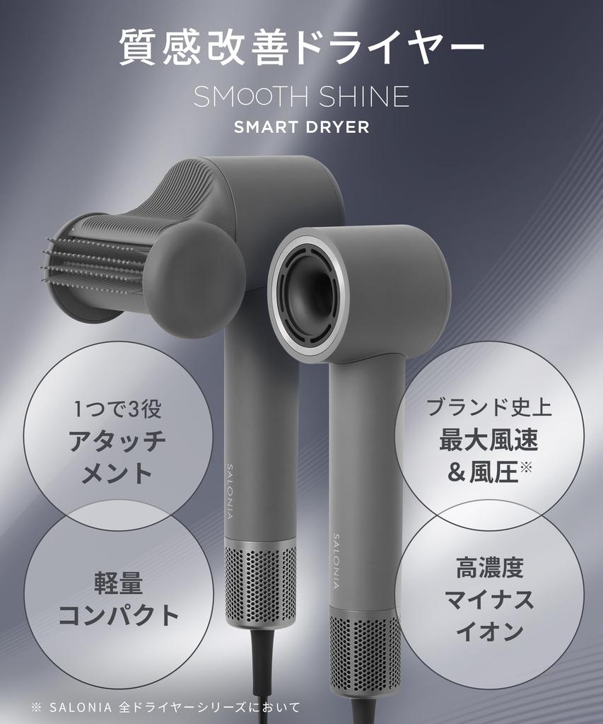 SALONIA Smooth Shine Smart Hair Dryer High Fast Negative Ion (Gray) SAL25120GR, Airflow, Drying,