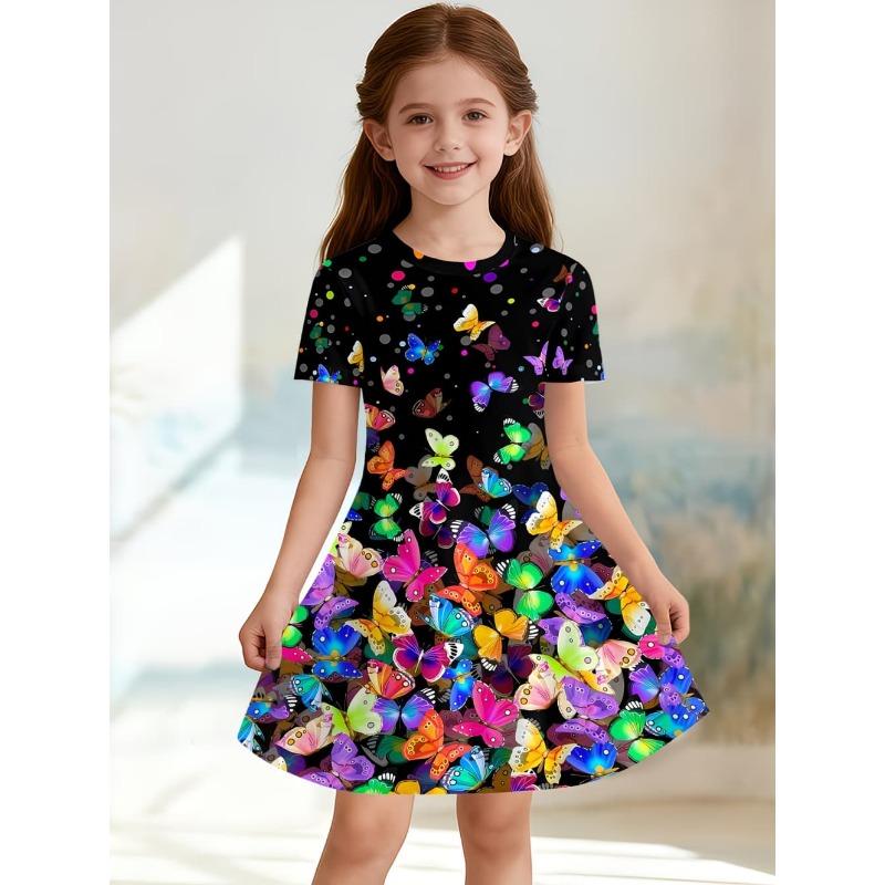 Girls' Summer Fashion Short-Sleeve Dress, 3D Cute Capybara Animal Print Casual Dress, Gift for Children,