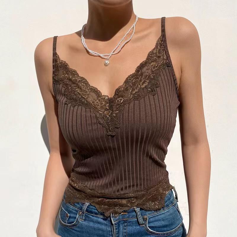 Goth Aesthetic Lace Patchwork Tank Tops For Women Sexy V-Neck Brown Retro Crop Tops Summer  Fashion Casual Camisole