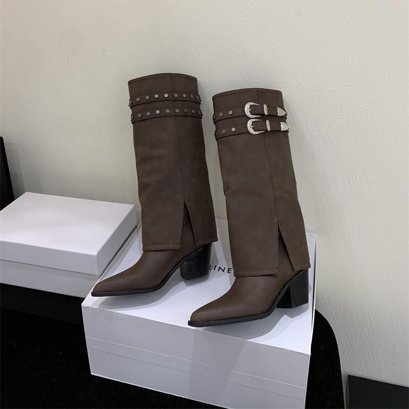 2025 Herbst und Winter neue Retro American Spice Girl Nieten Ritterstiefel Skinny Stiefel Hohe Grobe Absatzstiefel Hose Hosenstiefel Damen