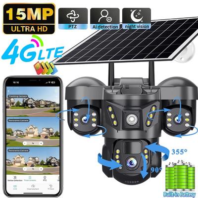 LS VISION 3 Lens 4G Solar Camera HD 15 MP 360 Outdoor Waterproof CCTV Night Vision Two-Way Audio Camera Human Detection IP Camera V380 Pro