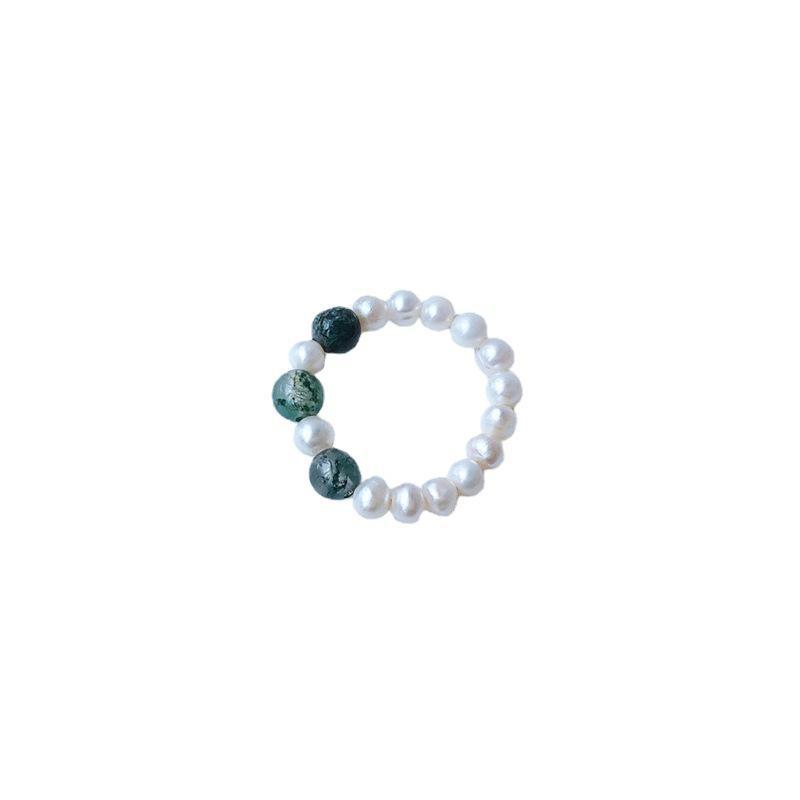 Handmade Elastic Ring: Green Seaweed Stone, Imitation Pearl, Aesthetic Jewelry for Women