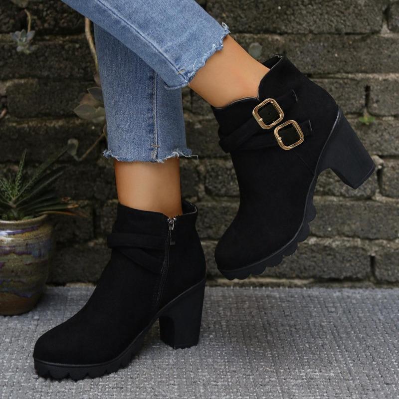 Fashion Women's Retro High Heel Ankle Boots Square Heel Woman Suede Leather Boots Female Round Toe Belt Buckle Platform Short Botines