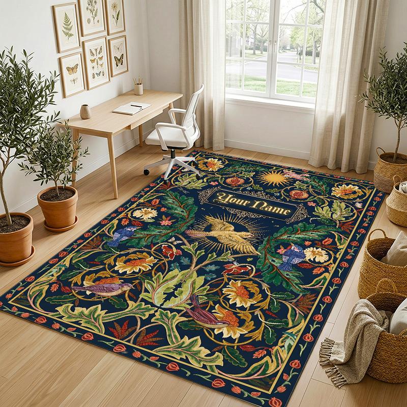 Floral Fantasy Theme Soft Crystal Velvet Rug Custom Name & Text Print Non Slip Floor Rug for Bedroom Living Room