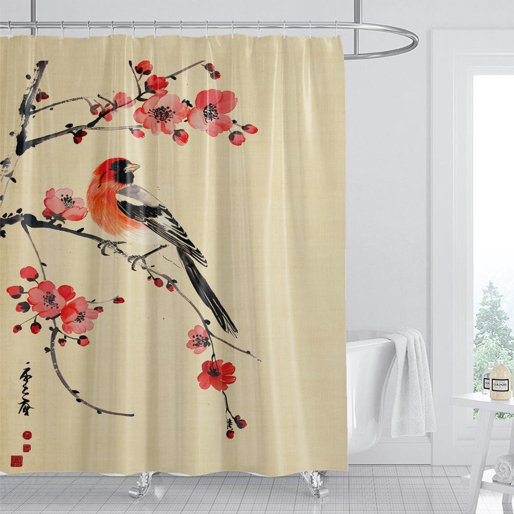 1 Pc The Japanese Plum Blossom Bird Print Shower Curtain With Hooks Modern Polyester Shower Curtain Bathroom Decoration Curtain
