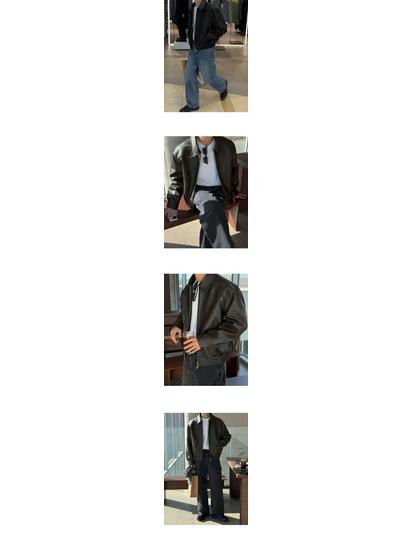 BJ Pánská Retro Podzimní Kožená Bunda - Ležérní, Pánská, Volný Střih, Korejský Styl pro do Práce s Límcem.