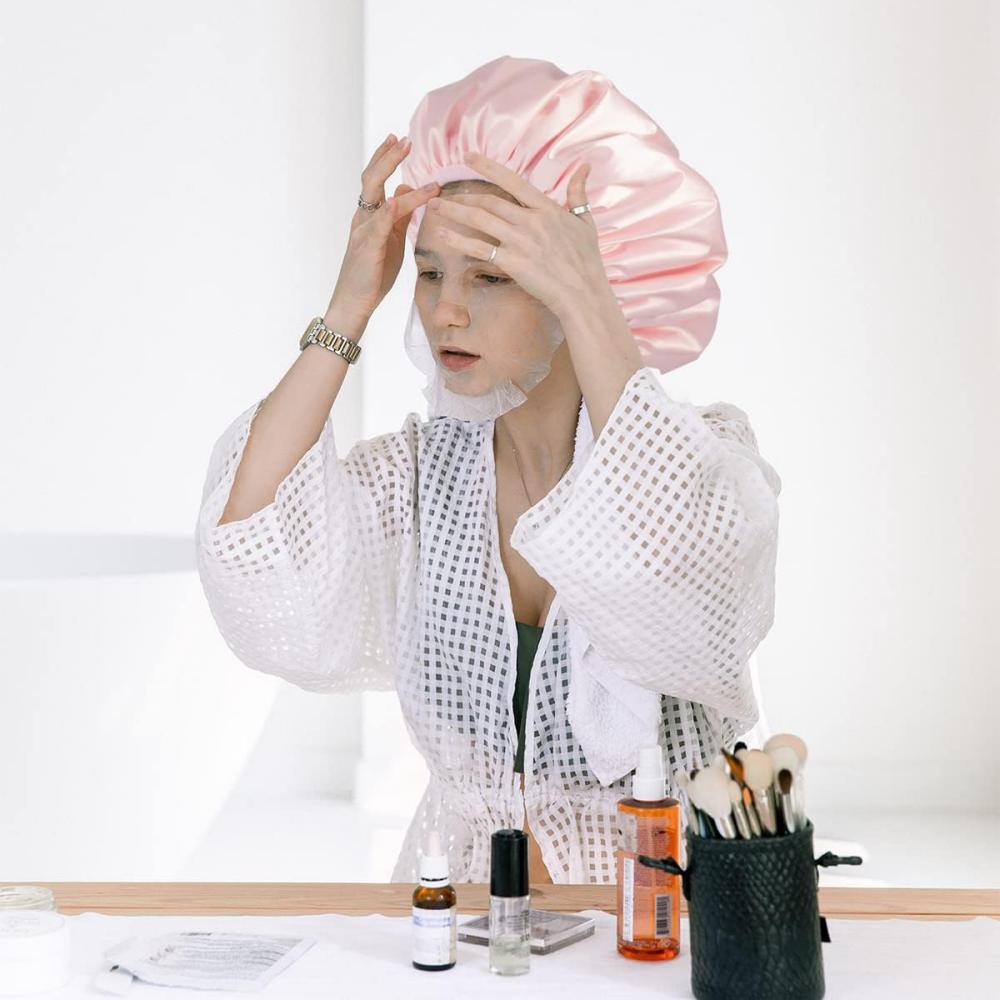Cuffia da doccia riutilizzabile con funzione capelli asciutti, adatta alle donne, tessuto in microfibra tipo asciugamano, superficie satinata setosa, 100% impermeabile, s