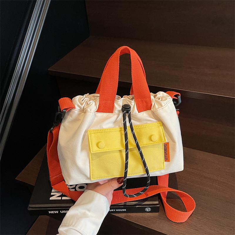 Fashion Color Blocking Design Neutral Drawstring Canvas Shoulder Crossbody Bag For Casual Girls Daily Use