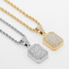 Iced Out Square Pendant Necklace With 4mm Aaa Zicron Bling Tennis Neck Chain Rhinestone Necklaces For Women Men Collier Collare