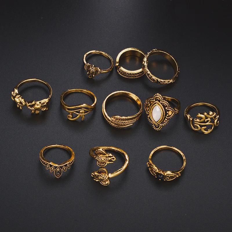 Retro Elephant Leaf 11-Piece European and American Ring Set