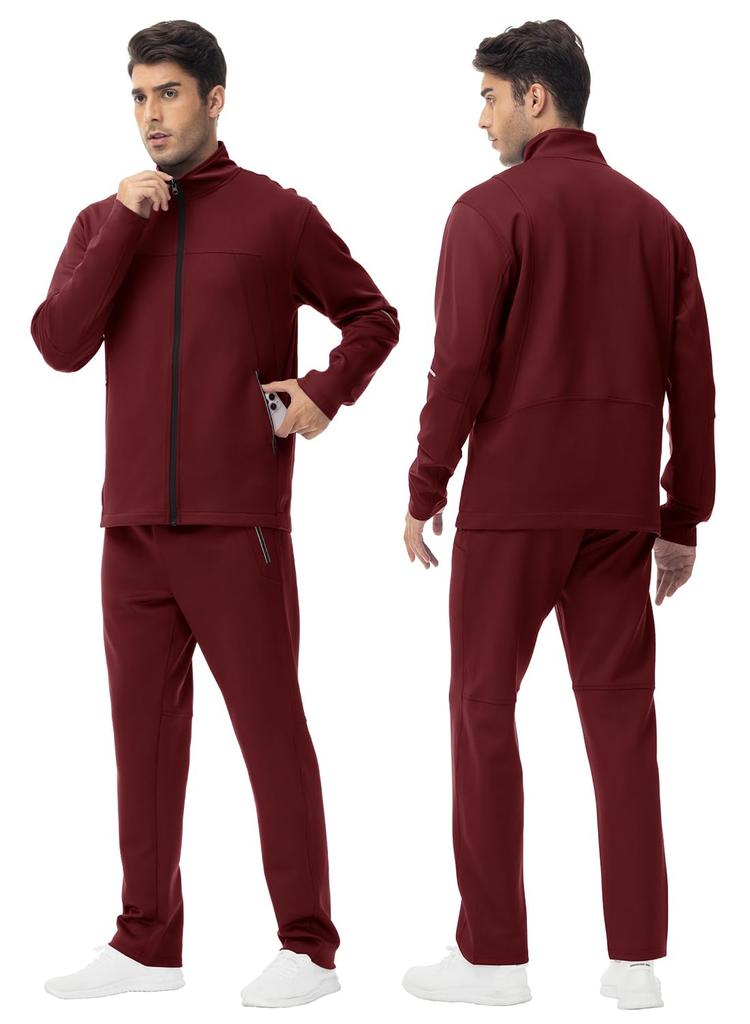 YSENTO Training Jersey Long Drawstring Wine Size L Men's Set, Stand-Up Collar, Full-Zip Top, Sleeves, Pants, Sweat-Wicking, Quick-Drying, Red,