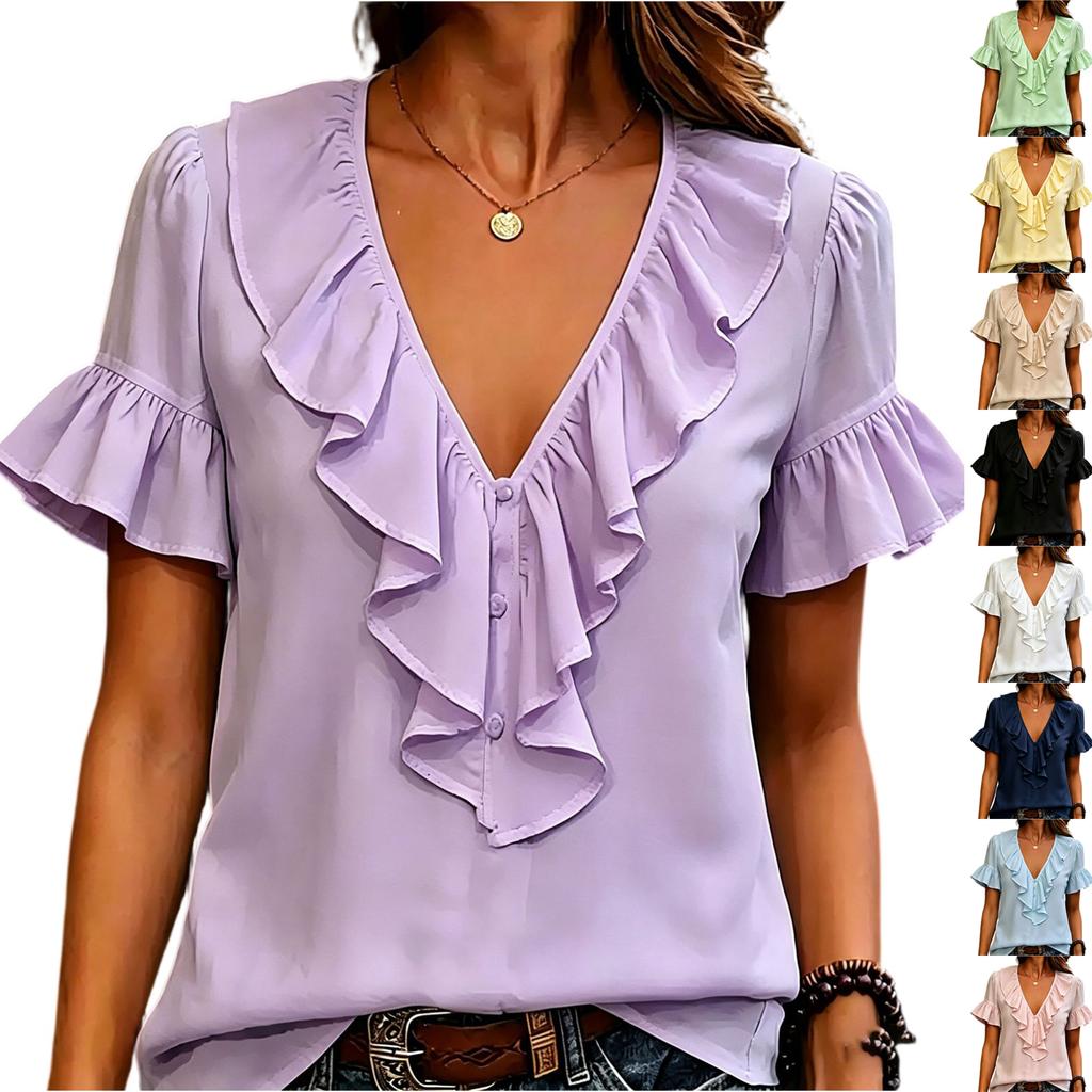 Women's Fashion V Neck Ruffle Short Sleeve Casual Blouse Lightweight Button Front Top for Everyday Wear