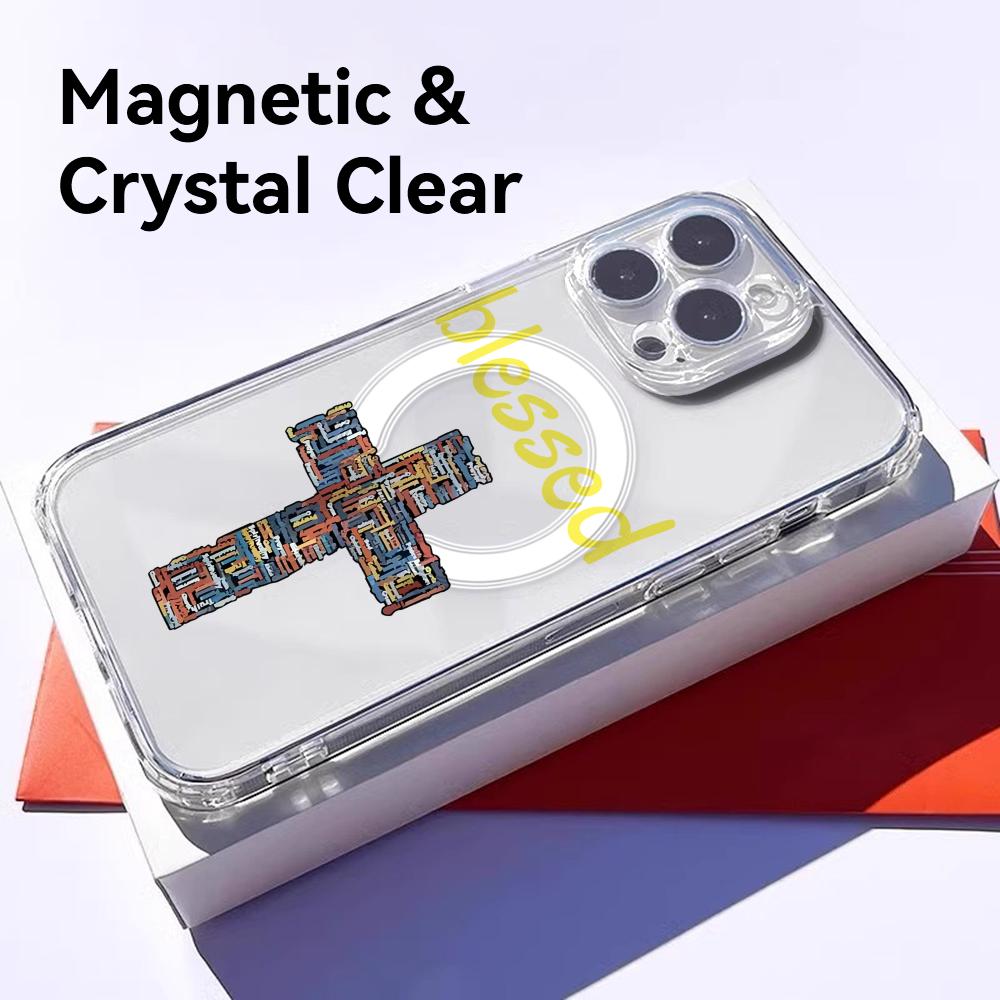 Fashion God Cross Phone Case For iPhone 17 16 15 14 13 12 Pro Max Plus With Magnetic Crystal Clear Case Wireless Charge